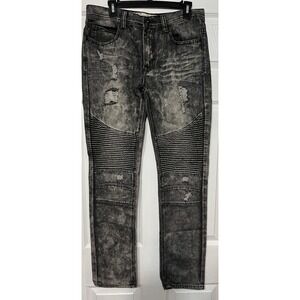 Bleecker Mercer Jeans Men 32x32 Black Denim Slim Taper Fit Moto Distressed